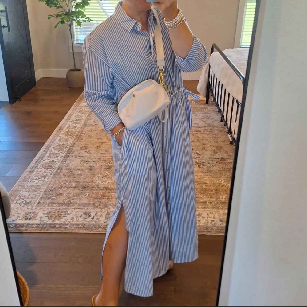 Universal Thread Blue and White Striped Maxi Shirt Dress